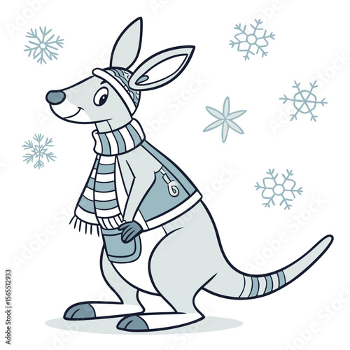 Cute Playful Kangaroo, accessorized with wearing a cape, in a Cozy winter world – Frosty Winter palette vector