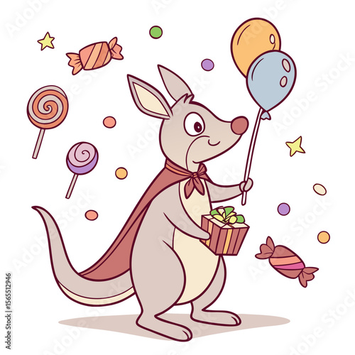 An adorable Kangaroo with a Amused vibe, wearing a cape, and a Candy Shop Birthday theme – SVG style