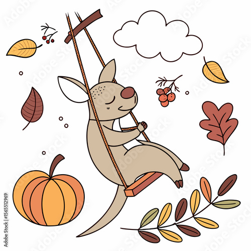 Vector illustration of a Sleepy Kangaroo with on a cloud swing, styled in a Thanksgiving theme using Harvest Blessings colors