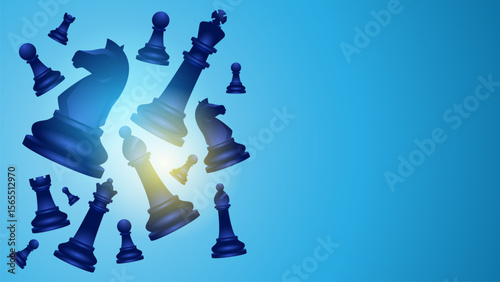 Chess vector background, illustration of floating chess pieces on blank blue background with copy space to replace text