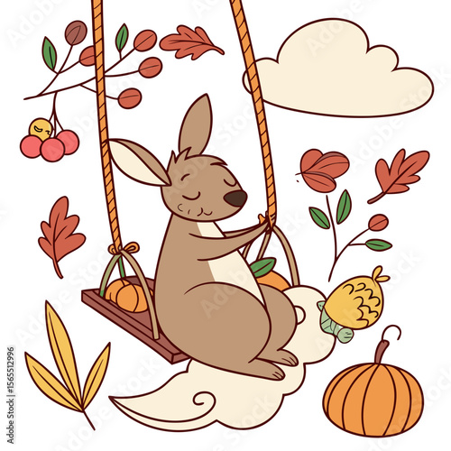 Vector illustration of a Sleepy Kangaroo with on a cloud swing, styled in a Thanksgiving theme using Harvest Blessings colors