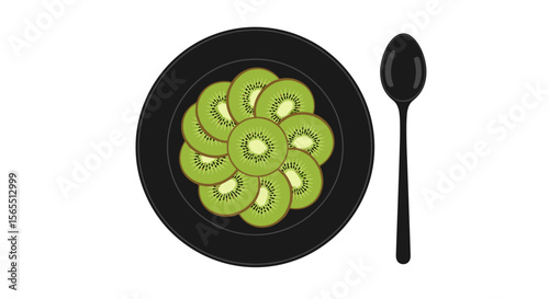 Artistic presentation of kiwi slices on a black plate with a spoon on a transparent background with copy space

