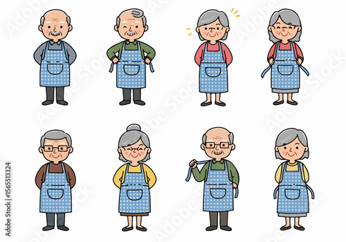 Cute cartoon illustration set of cheerful elderly men and women wearing aprons in various poses, perfect for themes related to cooking, domestic life, or senior activities.