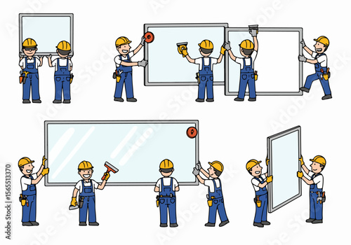 Cartoon illustrations of workers installing and cleaning windows and glass panels, depicting various stages of the job.