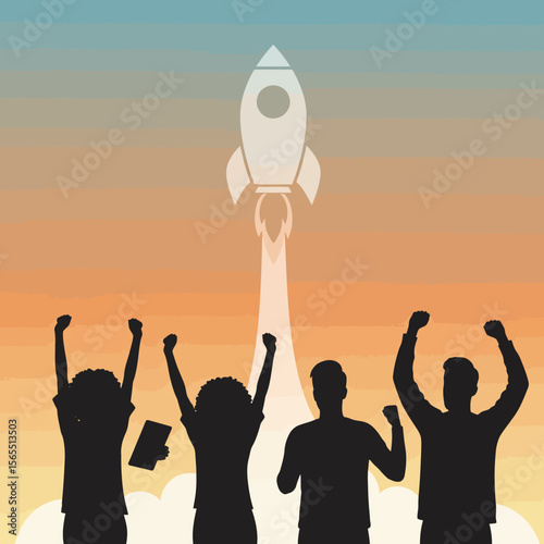 Silhouettes of cheering people with a rocket launching, symbolizing success and achievement.