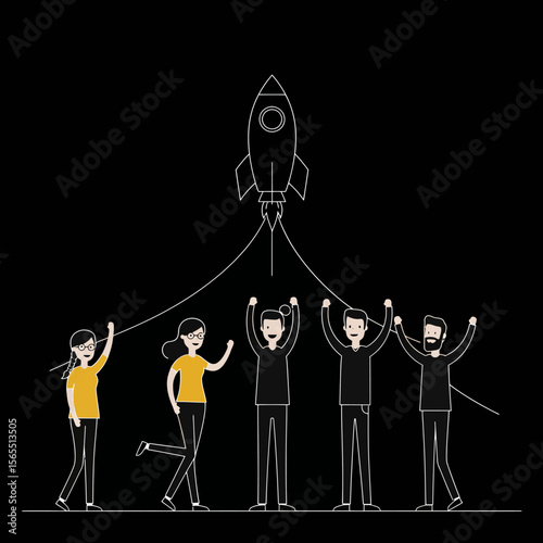 A group of people celebrating success with a rocket ship, symbolizing achievement and teamwork.
