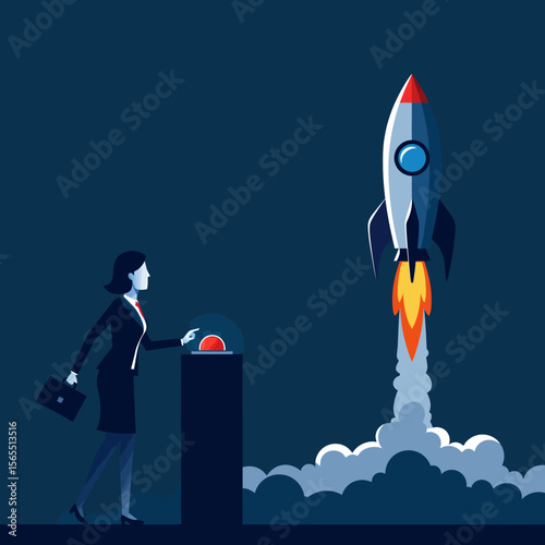 Businesswoman launches a rocket, symbolizing a successful startup or project initiation.