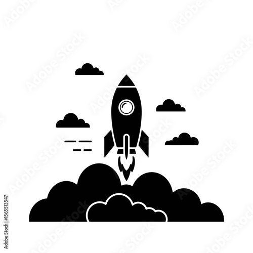 A black and white illustration of a rocket ship launching into the sky amidst clouds.