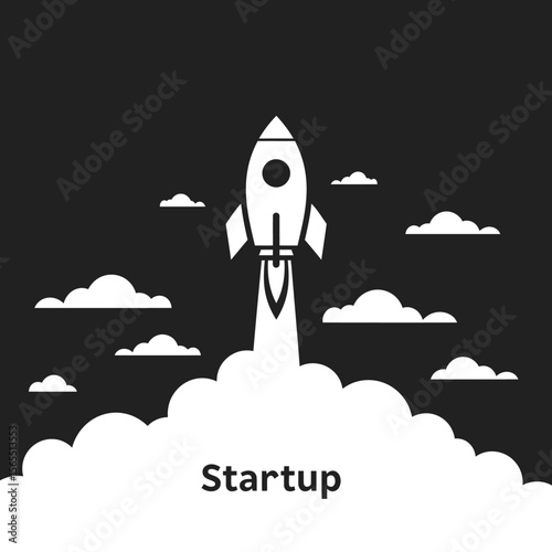 A white rocket ascends through stylized clouds, symbolizing a new business launch or startup.