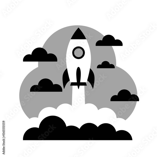A stylized rocket launching through clouds, symbolizing a new beginning or rapid growth.