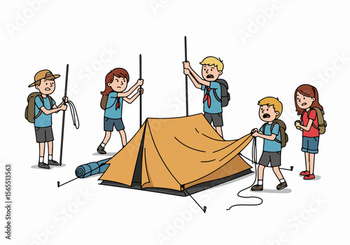 Children scouts struggling to set up a tent during a camping trip
