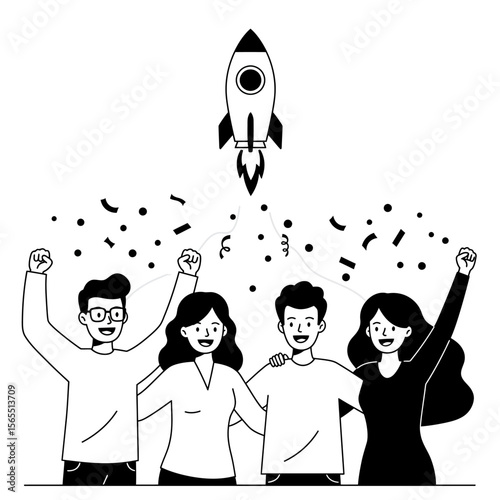 A group of happy people celebrating a successful launch, with a rocket and confetti.