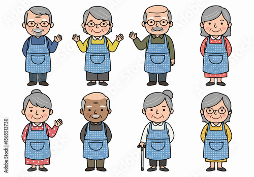 Diverse group of cartoon elderly people wearing aprons