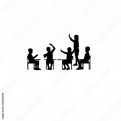 Silhouette of students learning sign language in a class on white background