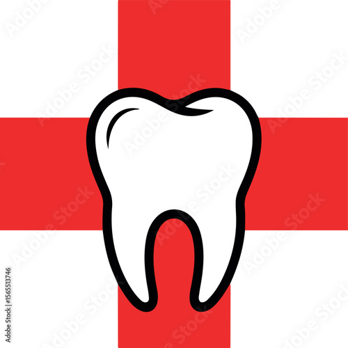 Stylized white tooth icon centered on a red cross symbol