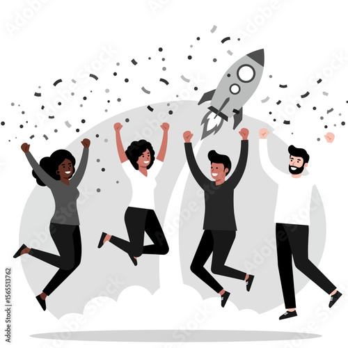 Four joyful people jumping in celebration, a rocket ship and confetti symbolize success.