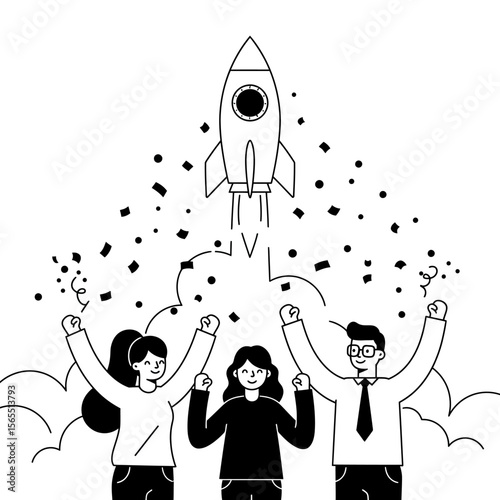 Celebrating success with a rocket launch, three people cheering.