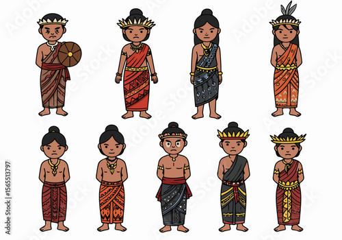 Cartoon illustration of diverse traditional Indonesian characters standing in a group, wearing regional attire and accessories, representing cultural heritage and ethnic diversity.