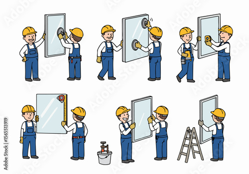 Illustrated set of construction workers, or glaziers, installing windows, handling glass panels, and using tools like suction cups and rulers.