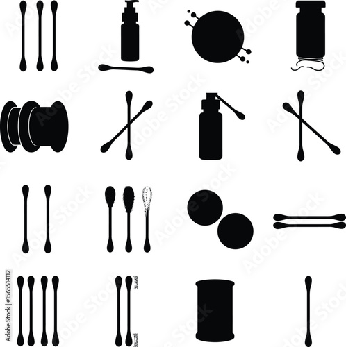 Cotton Swabs and Pads Silhouettes Set, Various Shapes of Cotton Buds and Rounds for Hygiene, Beauty, and Medical Applications.