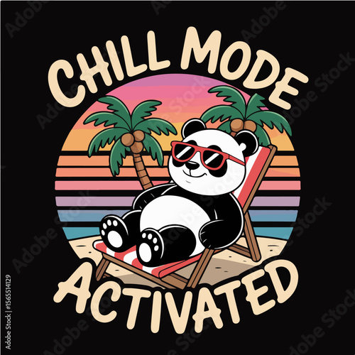 Cute panda relaxing on a beach chair with sunglasses and palm trees