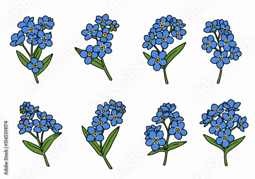 Set of blue forget-me-not flowers, hand-drawn style vector illustration on white background, collection of isolated floral elements.