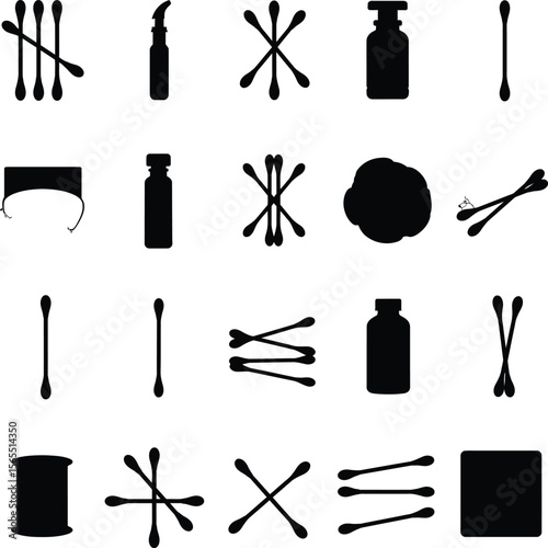 Cotton Swabs and Pads Silhouettes Set, Various Shapes of Cotton Buds and Rounds for Hygiene, Beauty, and Medical Applications.