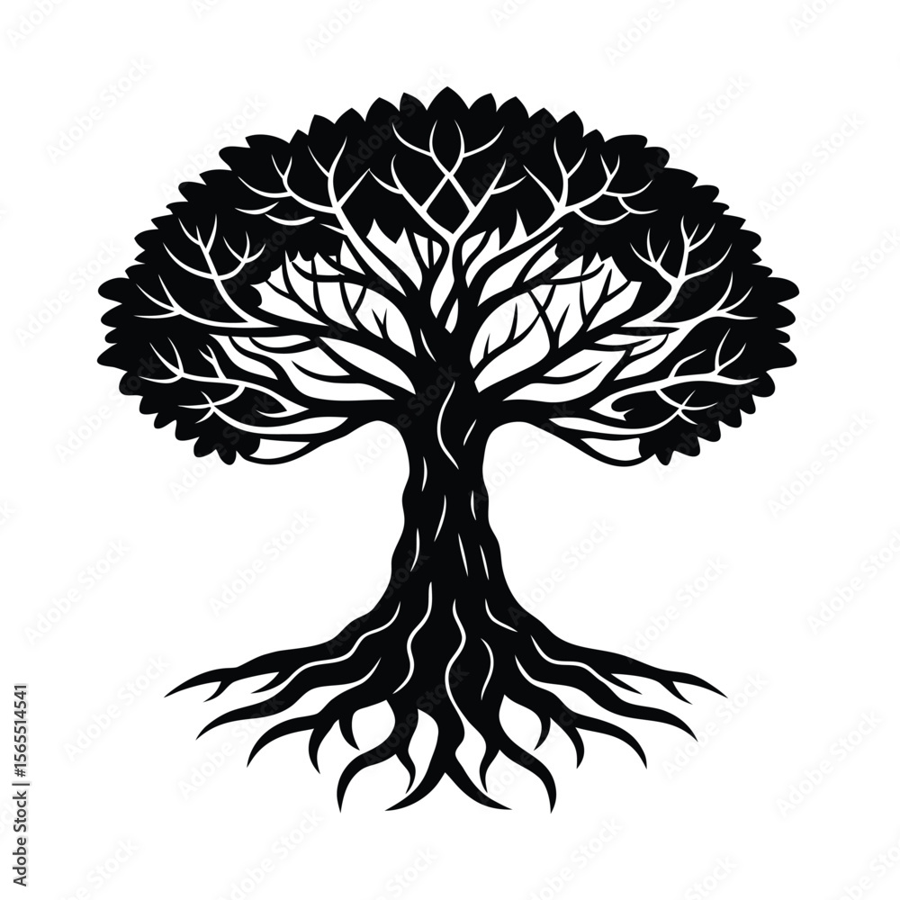 Obraz premium Detailed leafy tree with roots black silhouette vector illustration