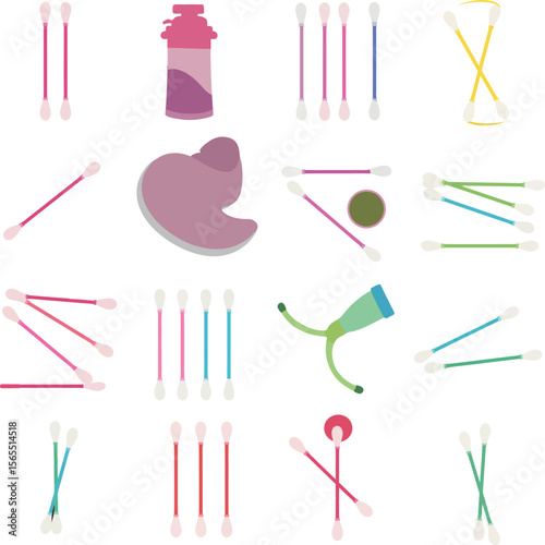 Colorful Cotton Swabs, Pads, and Hygiene Tools Set, Featuring Vibrant Illustrations of Cotton Buds and Personal Care Accessories.