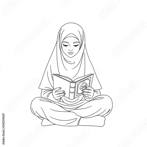 Muslim girl in hijab reading Quran near a window, peaceful moment