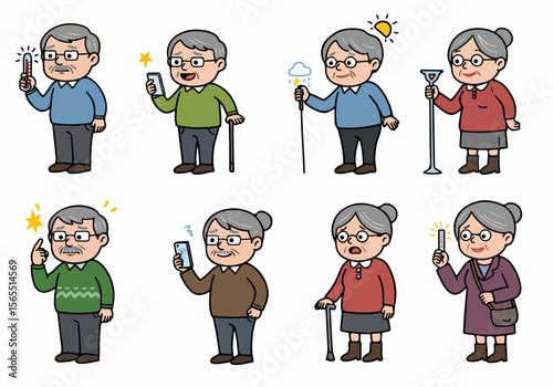 Cartoon set illustrating various daily situations for senior citizens, including health checks with thermometers, smartphone use, weather reactions, and mobility support with walking aids.
