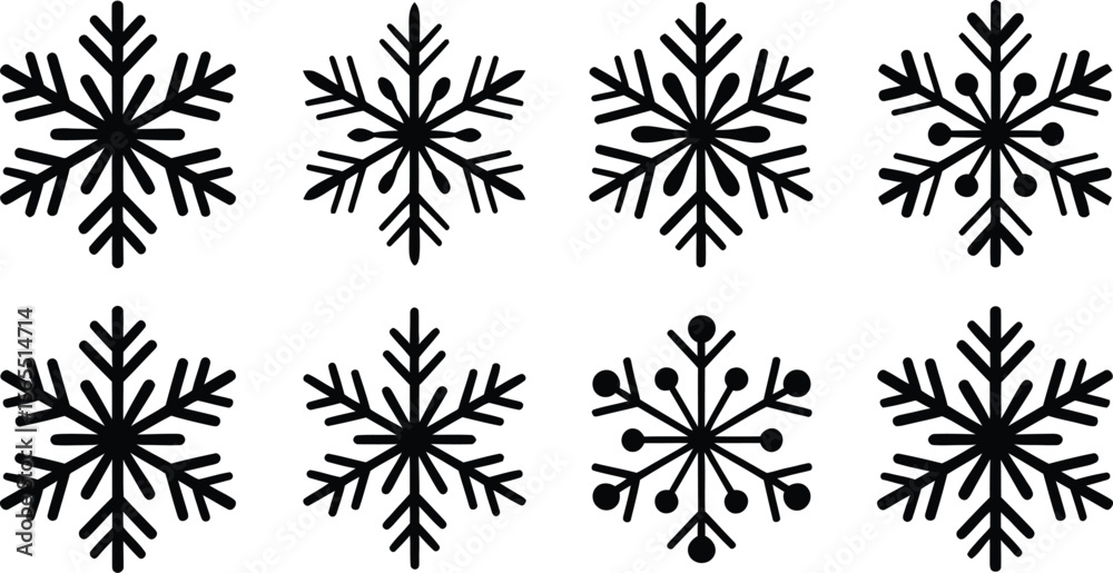 Four different black snowflake icons on a white background. Winter holiday season design elements for backgrounds and patterns. Four different black snowflake icons on a white background. Winter holiday season design elements for backgrounds and patterns.