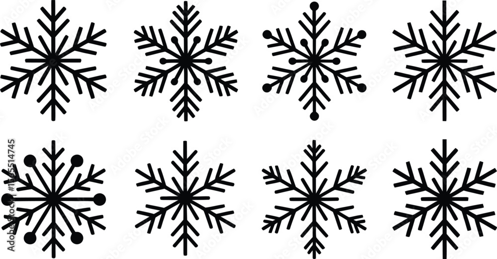 Four different black snowflake icons on a white background. Winter holiday season design elements for backgrounds and patterns. Four different black snowflake icons on a white background. Winter holiday season design elements for backgrounds and patterns.