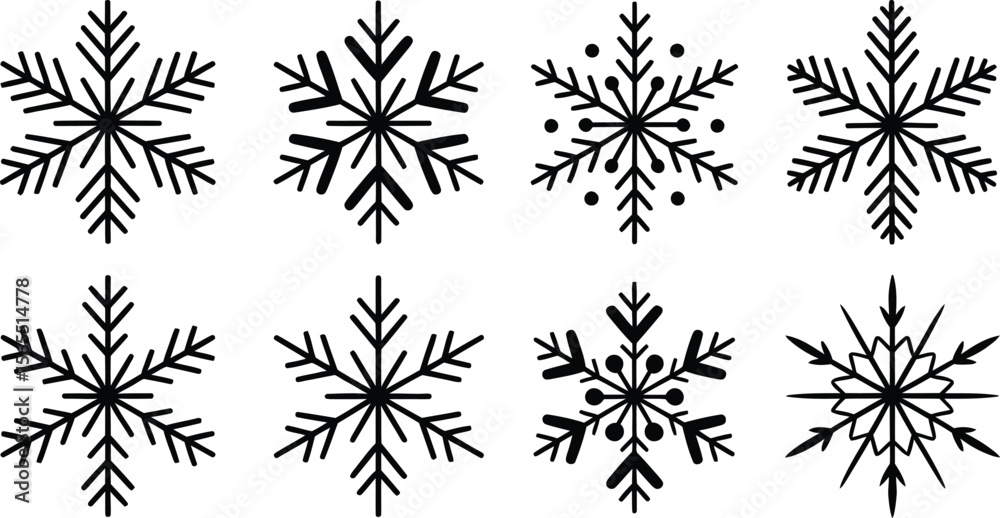Four different black snowflake icons on a white background. Winter holiday season design elements for backgrounds and patterns. Four different black snowflake icons on a white background. Winter holiday season design elements for backgrounds and patterns.