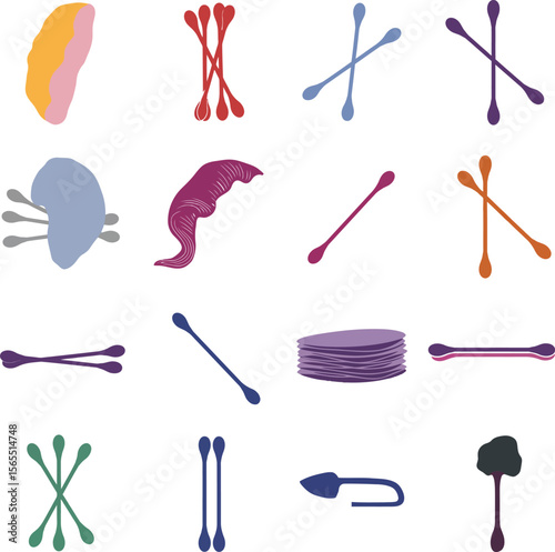 Colorful Cotton Swabs, Pads, and Hygiene Tools Set, Featuring Vibrant Illustrations of Cotton Buds and Personal Care Accessories.
