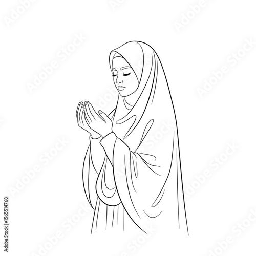 Islamic girl front view, bold line vector in hijab