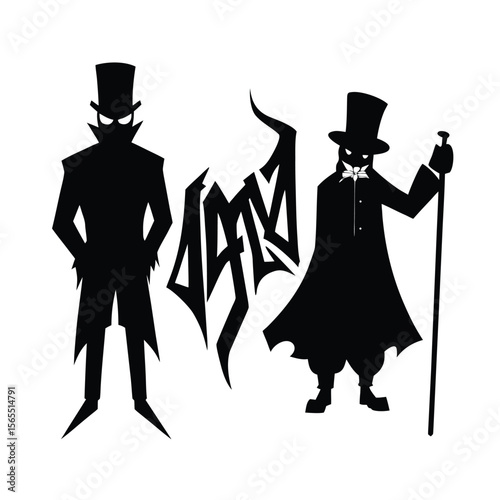 Two figures with top hats and cane gothic text silhouette vector illustration