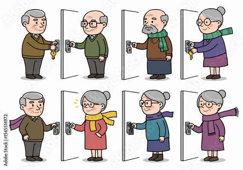 Set of illustrations showing elderly people, grandfathers and grandmothers, opening doors or holding keys, representing access and security in residential living.