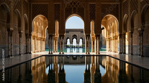 Serene reflections in Moorish courtyard architecture, showcasing intricate design and tranquil