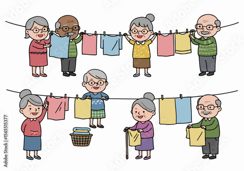Happy diverse elderly people hanging laundry on a clothesline illustration