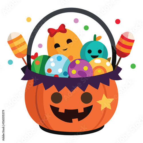 A child's trick-or-treat basket overflowing with candy, isolated on a clean background, symbolizing Halloween fun