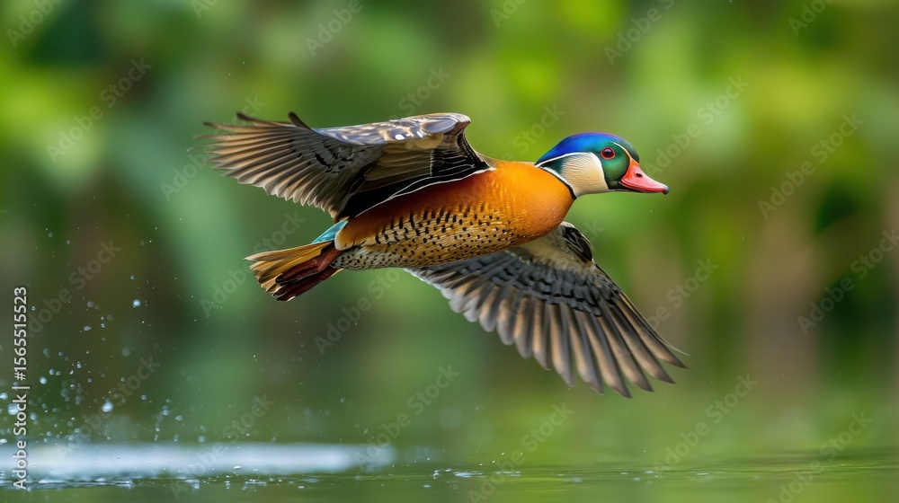 Obraz premium Graceful Duck with Vibrant Plumage Flapping Wings Over Serene Pond Waters