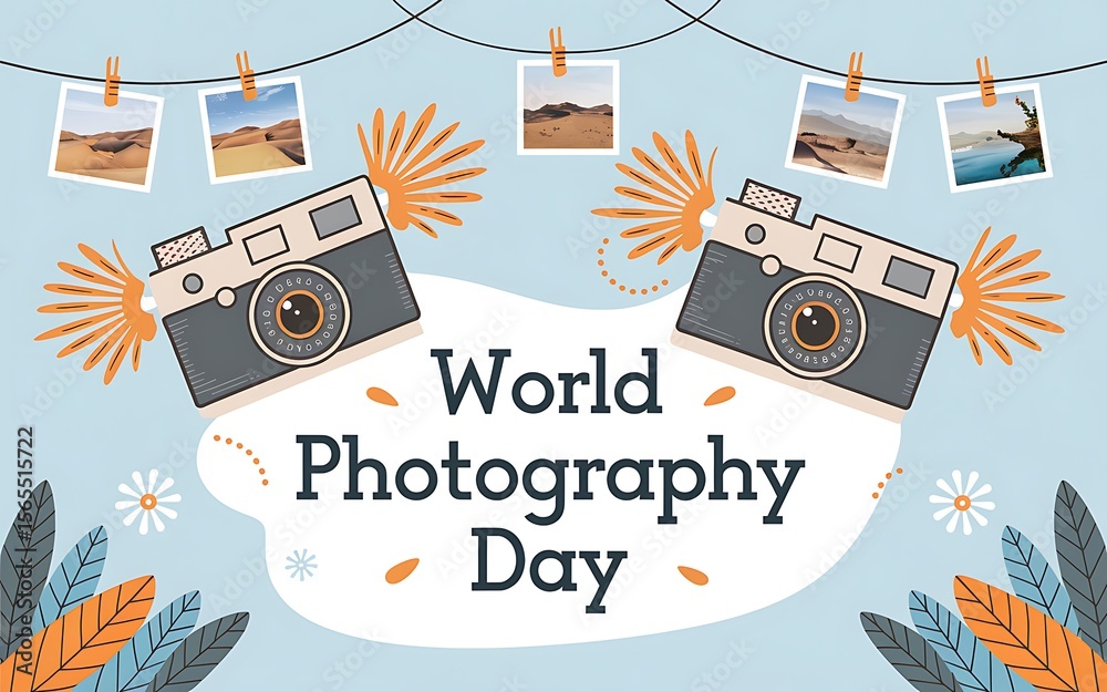 Obraz premium Vintage cameras celebrate world photography day with desert landscape photos