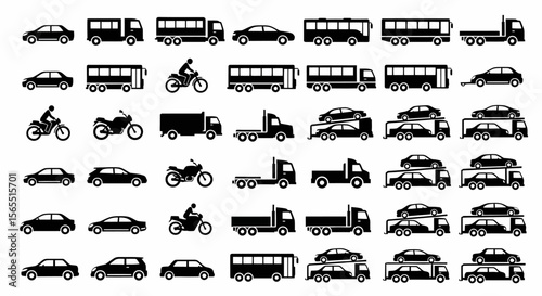 Black Silhouette Transportation Icons: Cars, Trucks, Buses, Motorcycles, and Car Carriers