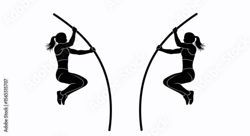 Two Silhouettes of Female Pole Vaulters in Mid-Jump, Black and White Illustration