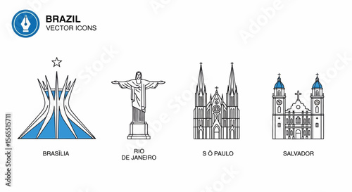 Brazil City Landmarks Vector Icons: Brasilia, Rio de Janeiro, S?o Paulo, Salvador