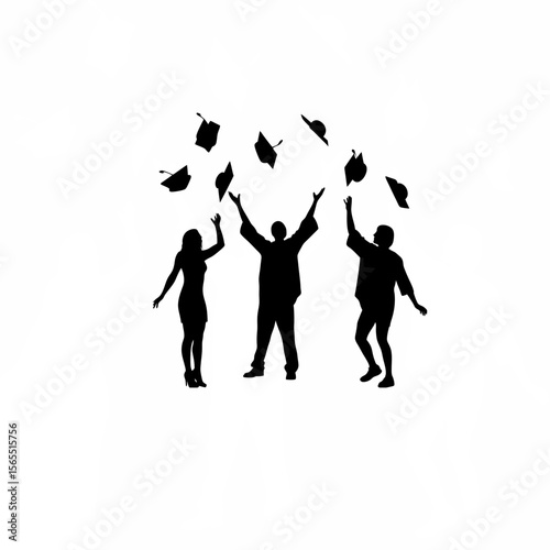 Silhouette of students throwing graduation caps in the air on white background