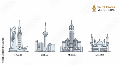 Konstfotografi Saudi Arabia City Skylines: Riyadh, Jeddah, Mecca, Medina Vector Icons