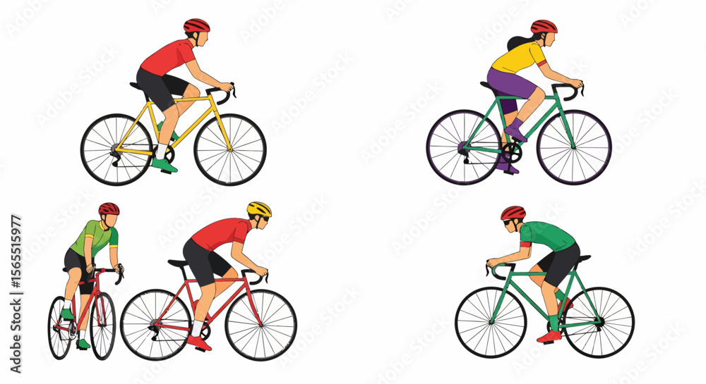 Fototapeta premium Cyclists on Road Bikes: Diverse Colors, Helmets, and Athletic Poses, Vector Illustration