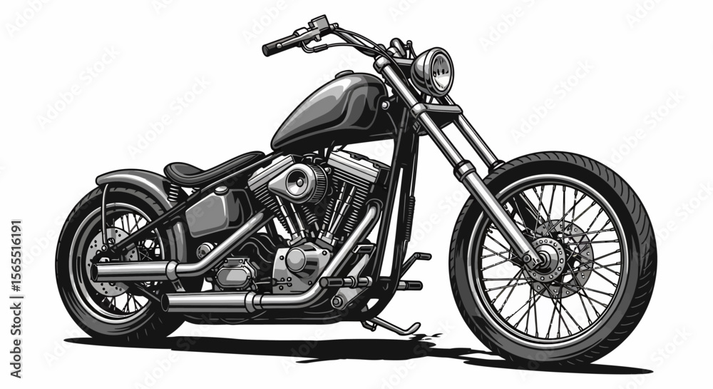 Fototapeta premium Detailed Black and White Chopper Motorcycle Illustration on White Background